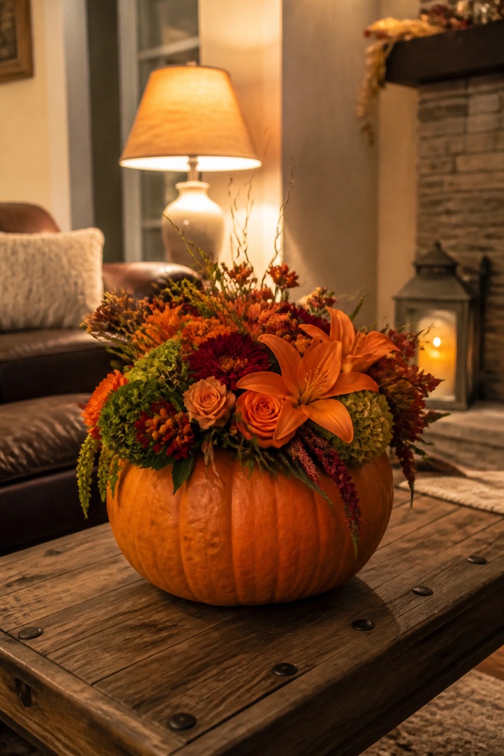 A large orange pumpkin filled with orange lilies, roses, and mixed fall flowers sits on a wooden coffee table in a living room.