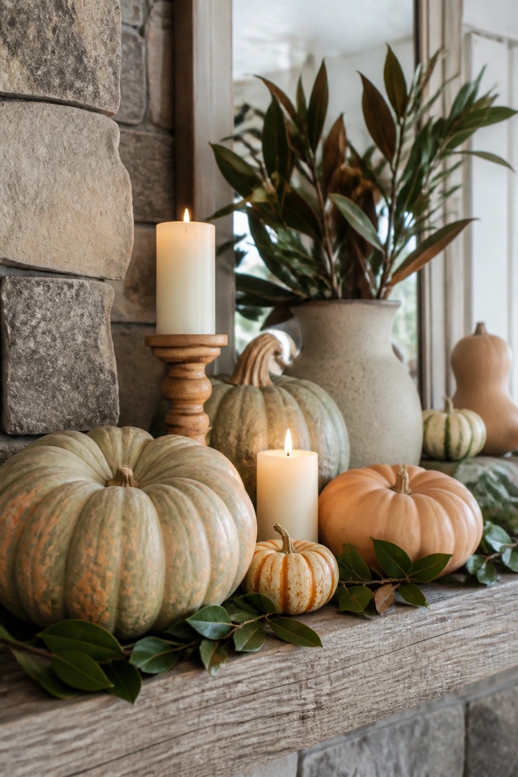 Wooden mantel with assorted pumpkins in muted green and orange, two lit candles, and a vase of greenery on a stone fireplace surround.
