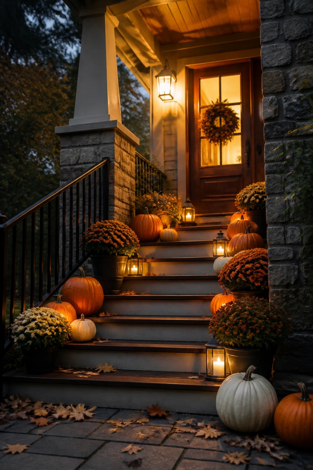 Front porch stairs lined with orange and white pumpkins, potted orange flowers, and lanterns beside a wooden door.