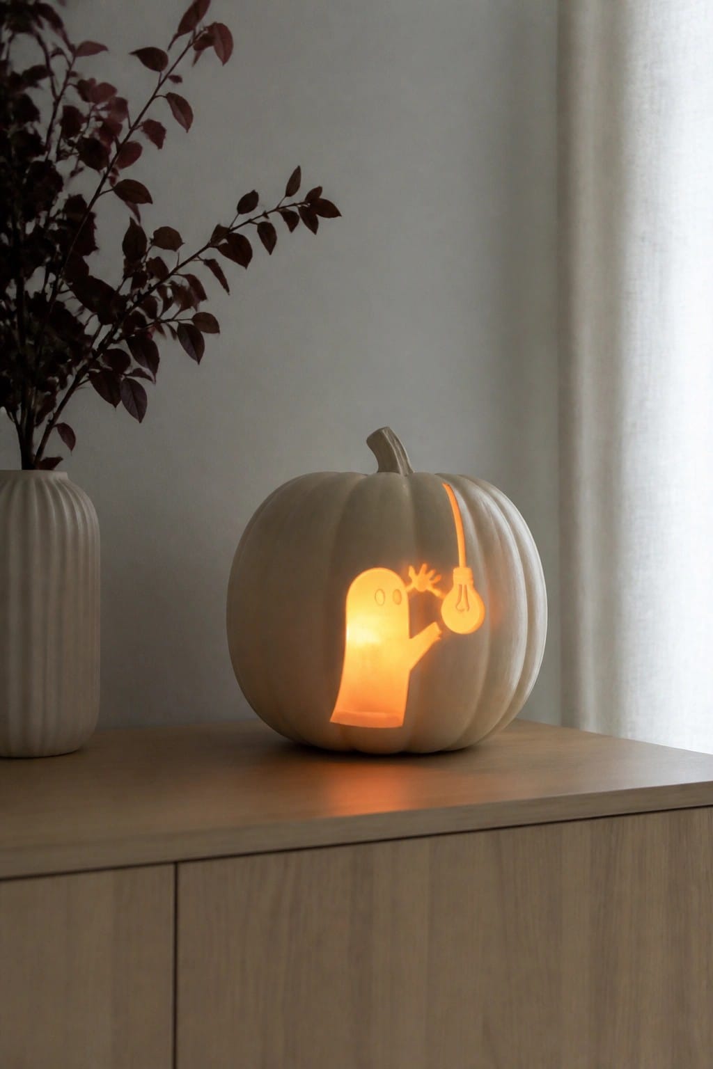 White pumpkin lantern carved with a ghost holding a lightbulb, glowing from within on a wooden surface next to a vase with dark branches.