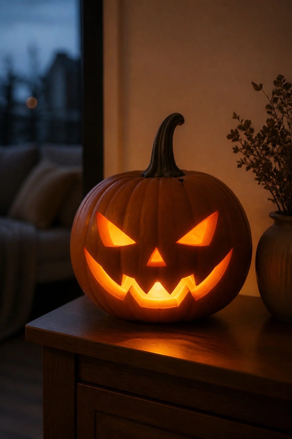 Glowing jack-o'-lantern on wooden table beside vase with dried branches at dusk