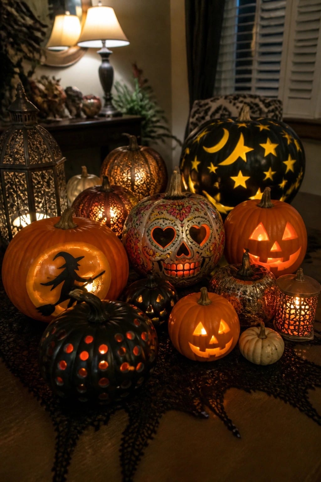 A tabletop display of multiple carved and illuminated pumpkins featuring a skull face, a witch silhouette, a starry black pumpkin, and other jack-o'-lantern designs arranged on a dark lace runner.