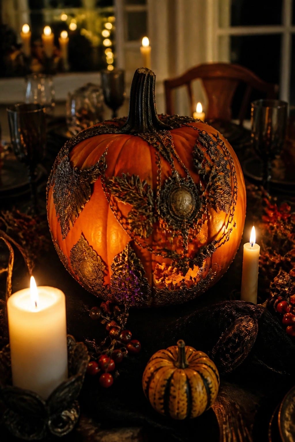 A large orange pumpkin with ornate metal leaf and chain details glows from within as a centerpiece on a dark dining table surrounded by white candles.