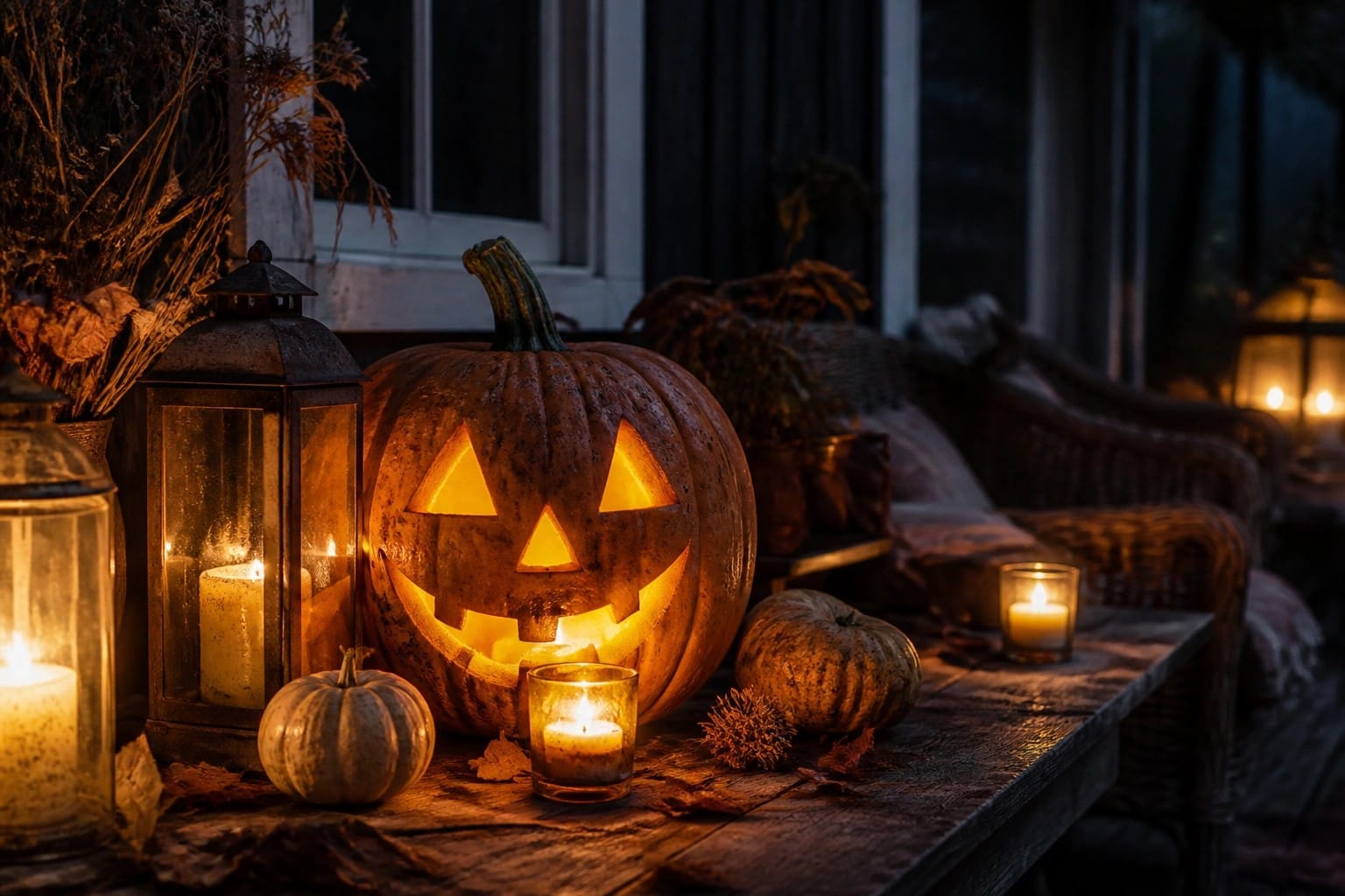 A tabletop display of carved jack o' lanterns and metal lanterns with lit candles, arranged on burlap with a few smaller pumpkins and dried leaves.