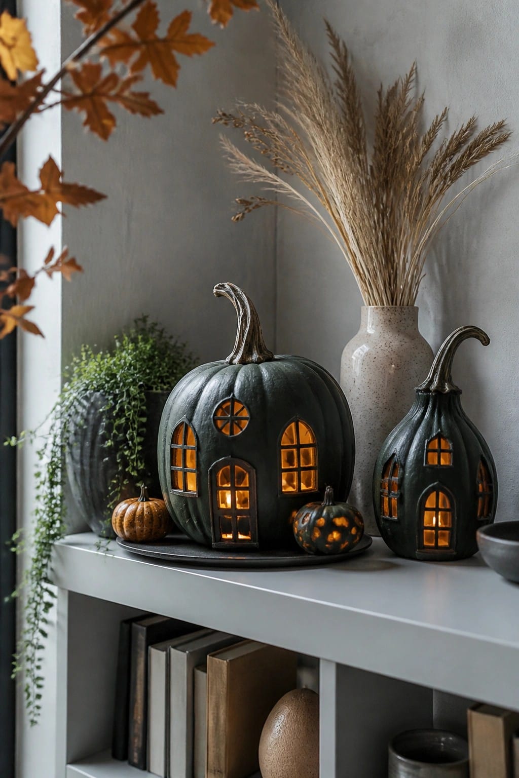 Dark green pumpkin lanterns carved with house-style windows and doors sit glowing on a white shelf tray, next to a small orange pumpkin and a vase of dried grasses.