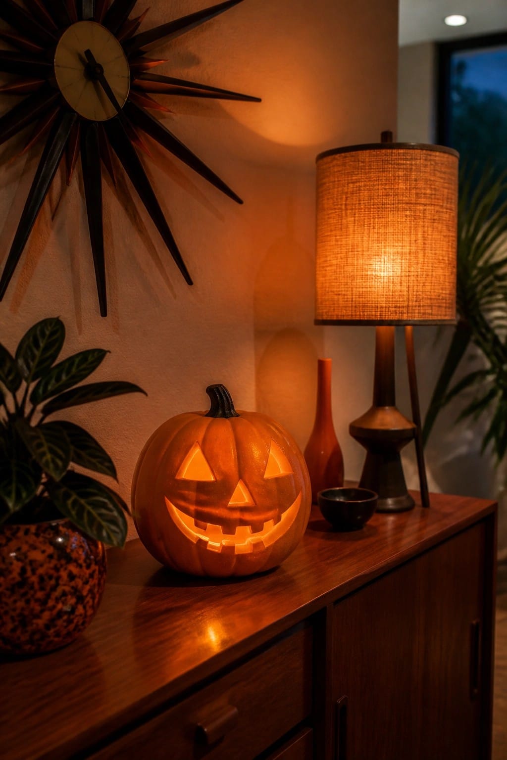 A carved and lit jack-o'-lantern pumpkin on a wooden console table beside a lamp and potted plant.