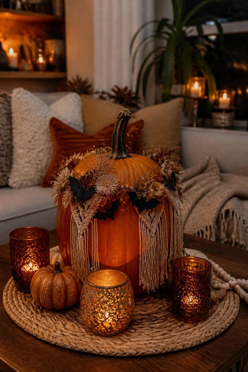 Large orange pumpkin decorated with black bats, dried flowers, and macrame fringe on a wooden table with glowing amber candle holders.
