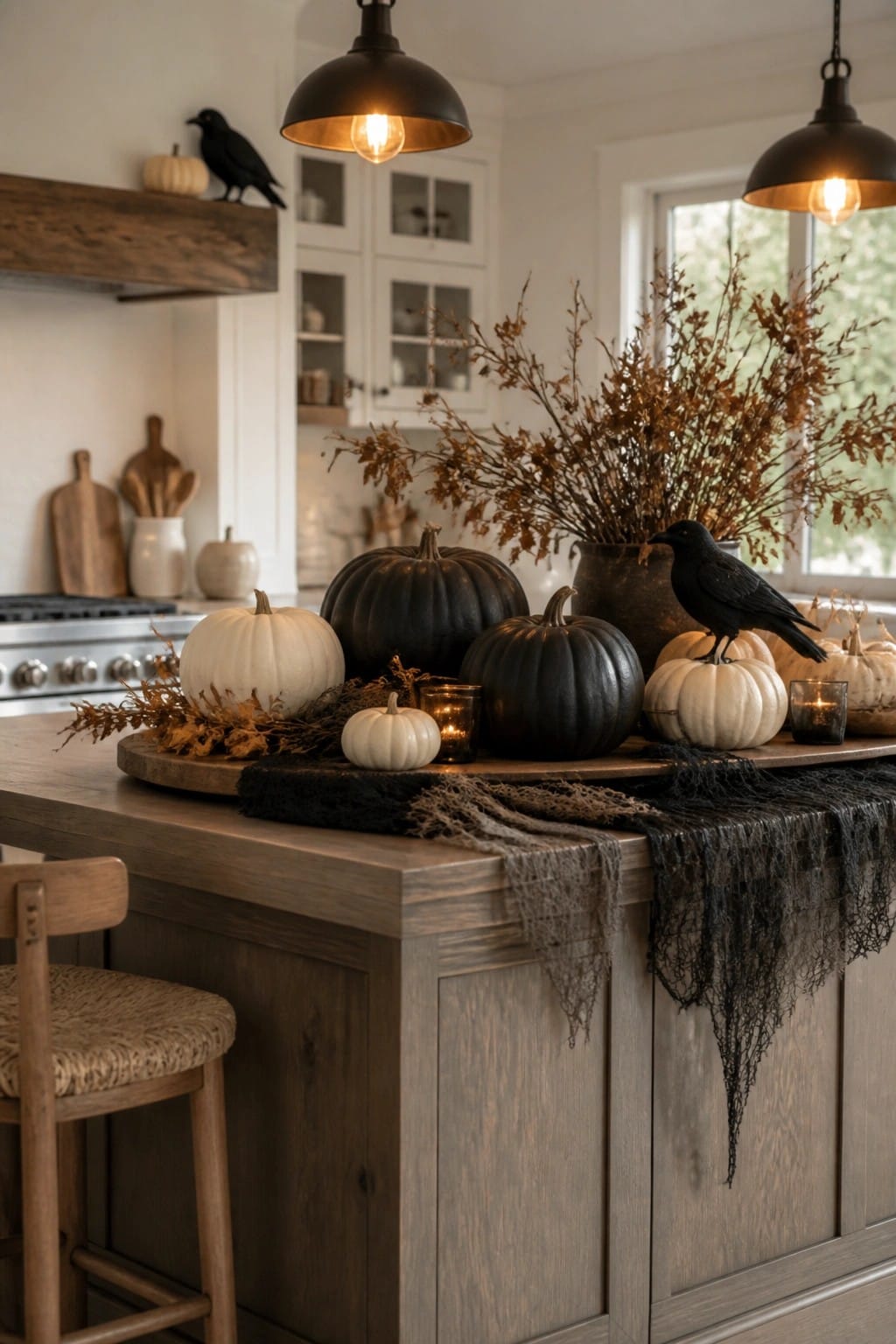 Rustic kitchen island with black and white pumpkins, crows, and dried autumn foliage.