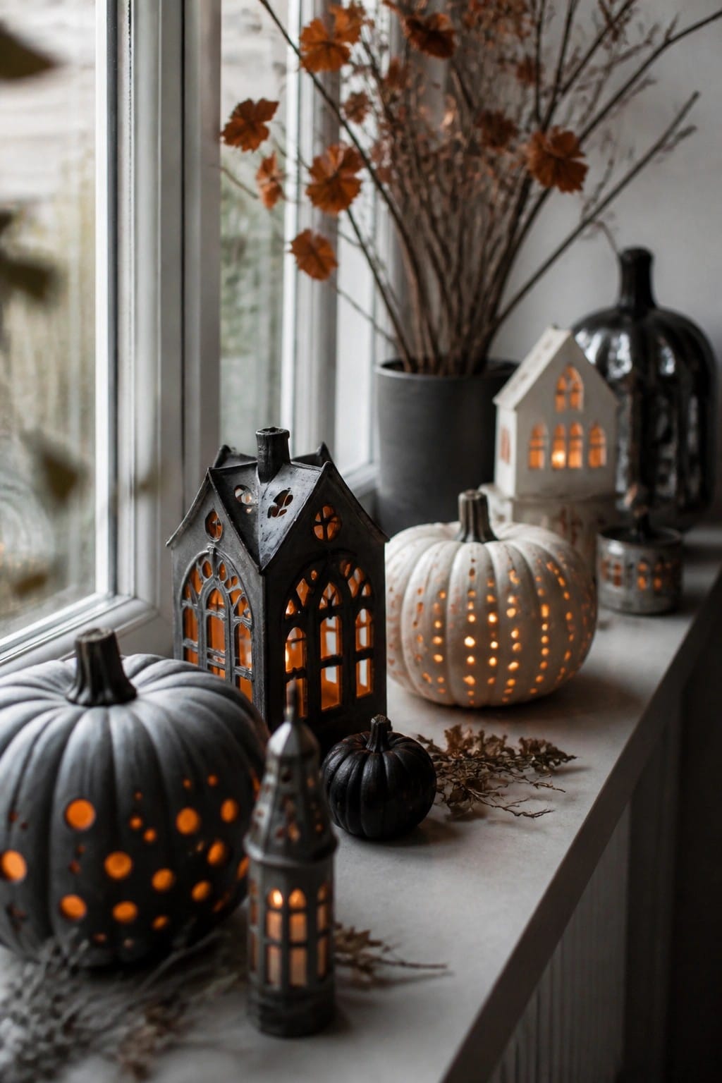 Glowing gothic lanterns and carved black and white pumpkins on a windowsill with autumn branches