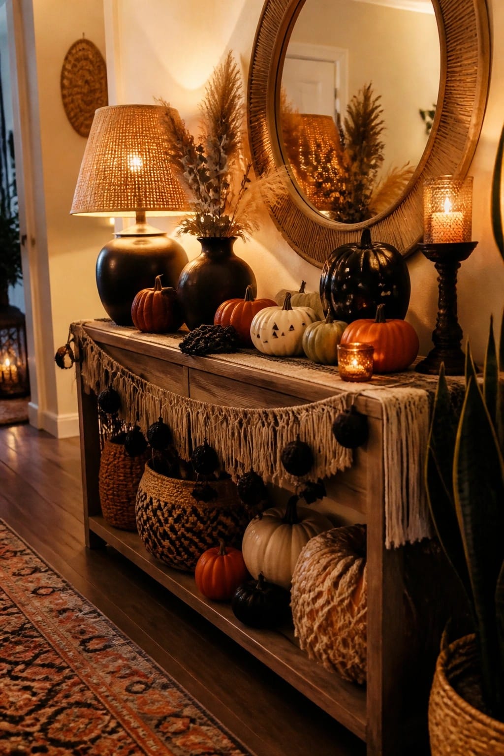 Wooden console table in an entryway styled with a collection of pumpkins in orange, white, and black, including one with a carved jack o lantern face.