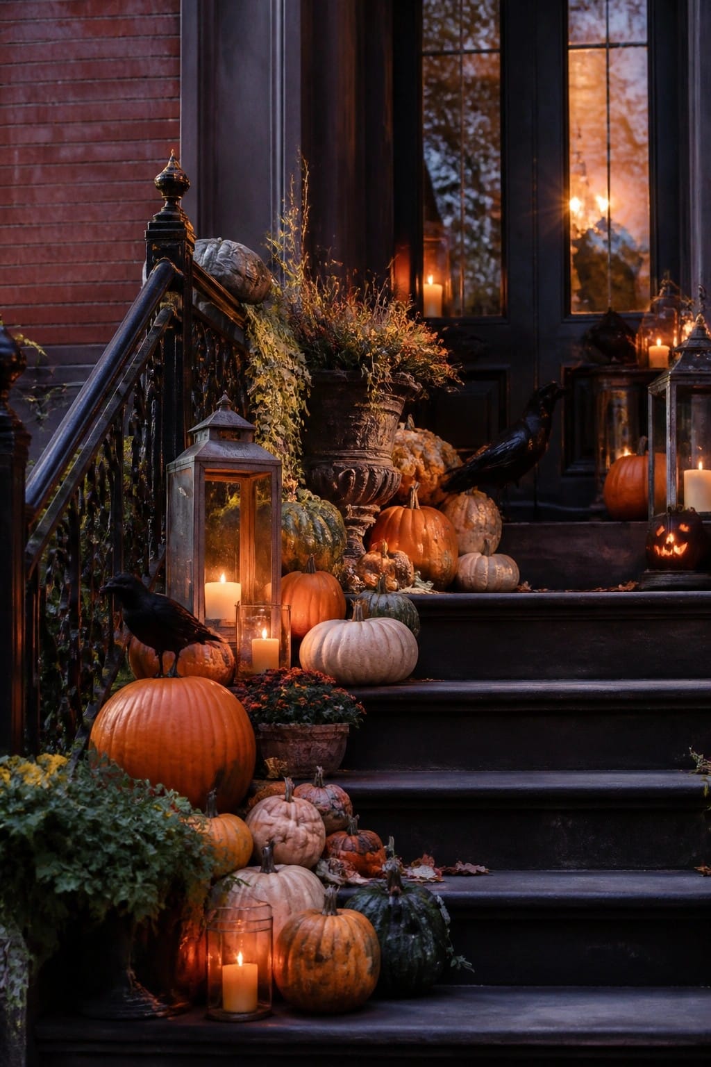 Staircase decorated with assorted pumpkins, lit lanterns, candles, and black crows leading to a dark front door.