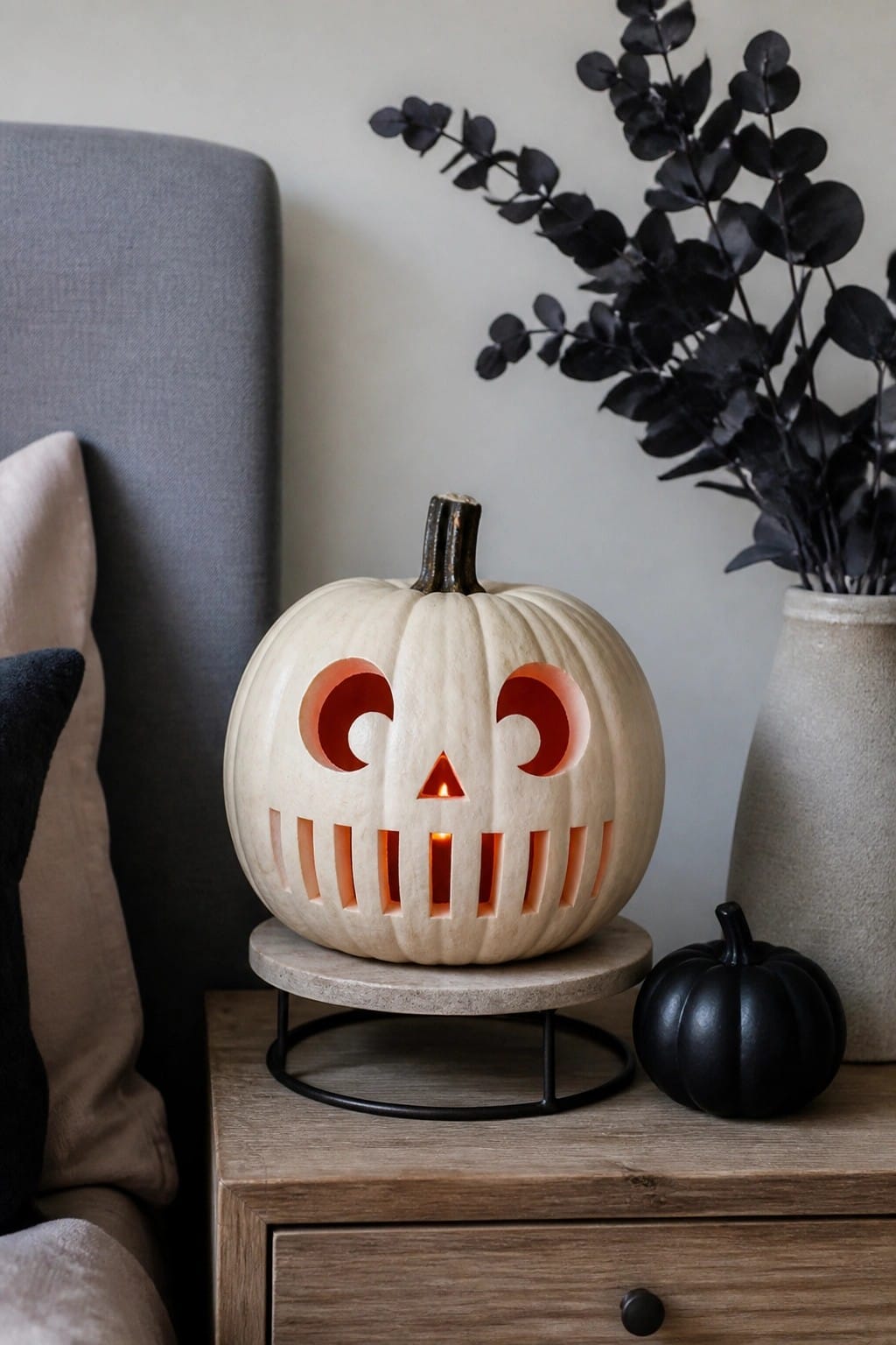 Glowing white carved pumpkin on stand beside black pumpkin and dark foliage vase