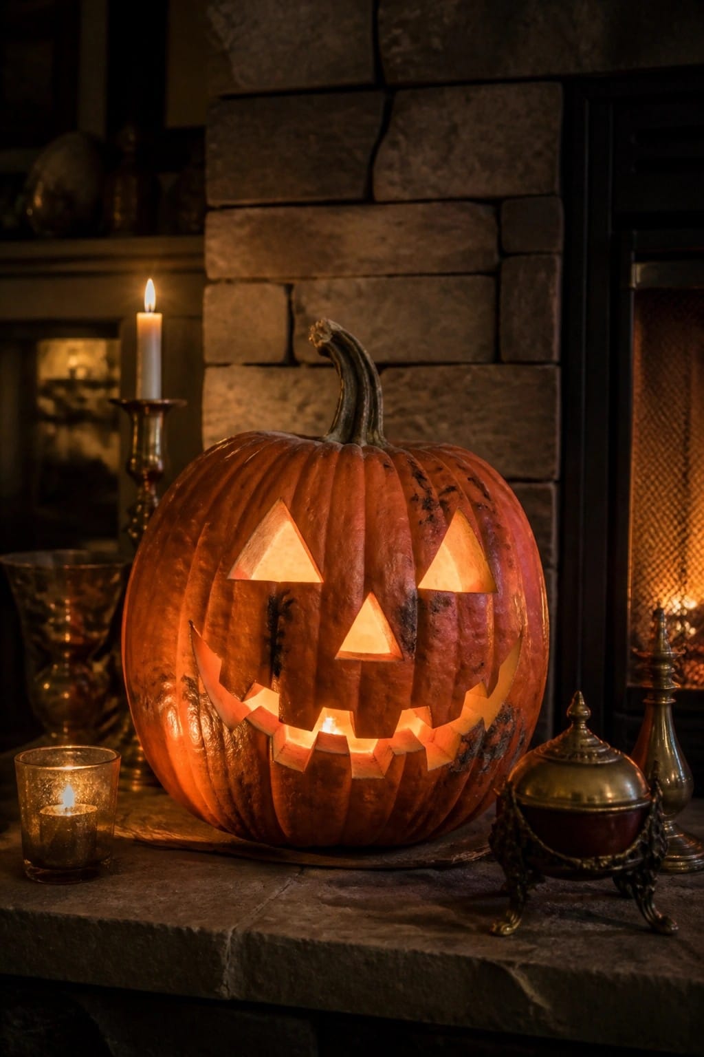 Glowing carved jack-o'-lantern on stone hearth with lit candles and fireplace.