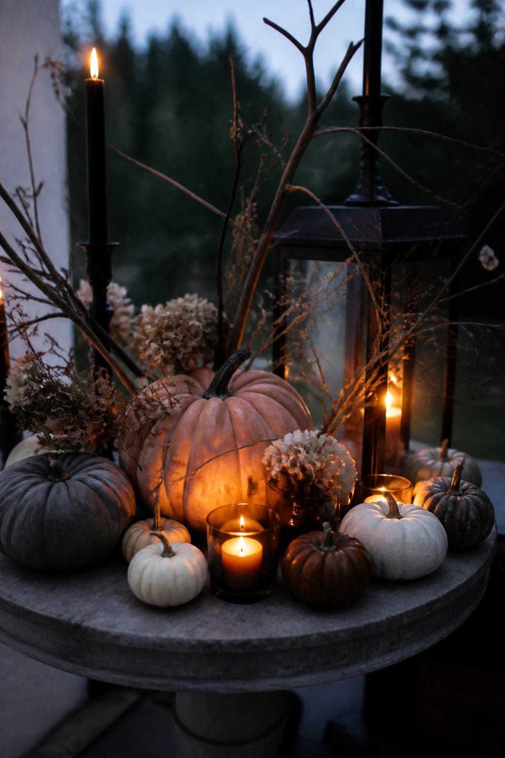 Round concrete table with a cluster of white, gray, and brown pumpkins of various sizes surrounded by lit candles in glass holders and a black lantern.