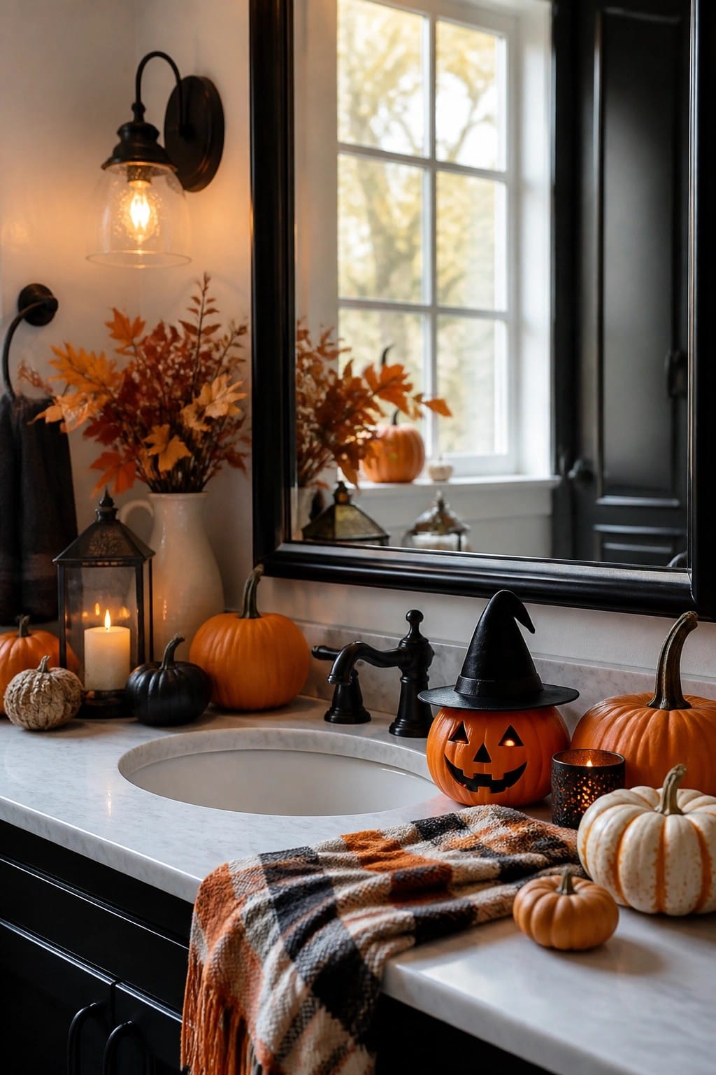 Halloween bathroom sink with jack-o'-lantern in witch hat, pumpkins, and autumn decor.