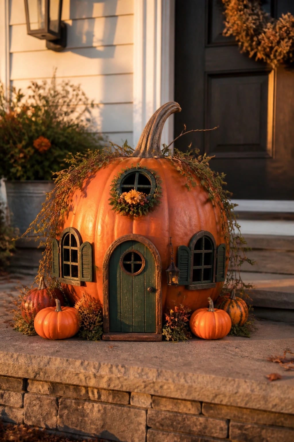 Large orange pumpkin decorated as a miniature house with green door and windows, placed on stone steps with smaller pumpkins at the base.