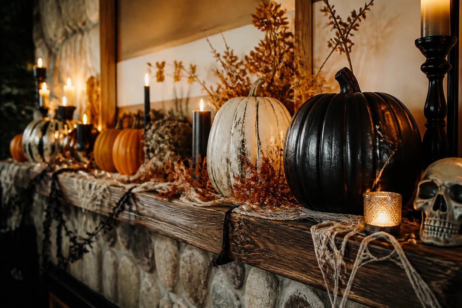 Mantel with orange, white, and black pumpkins, lit candles, and autumn leaves.