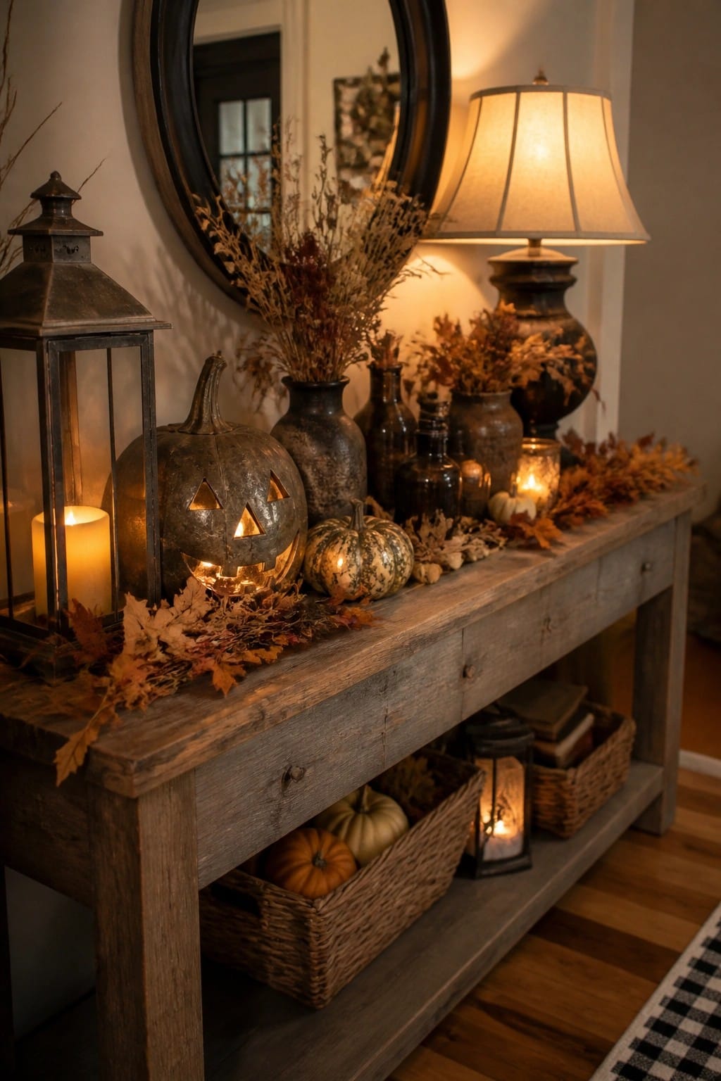 Console table in an entryway styled with carved and lit jack-o'-lanterns, smaller pumpkins, dried leaves, and lanterns.