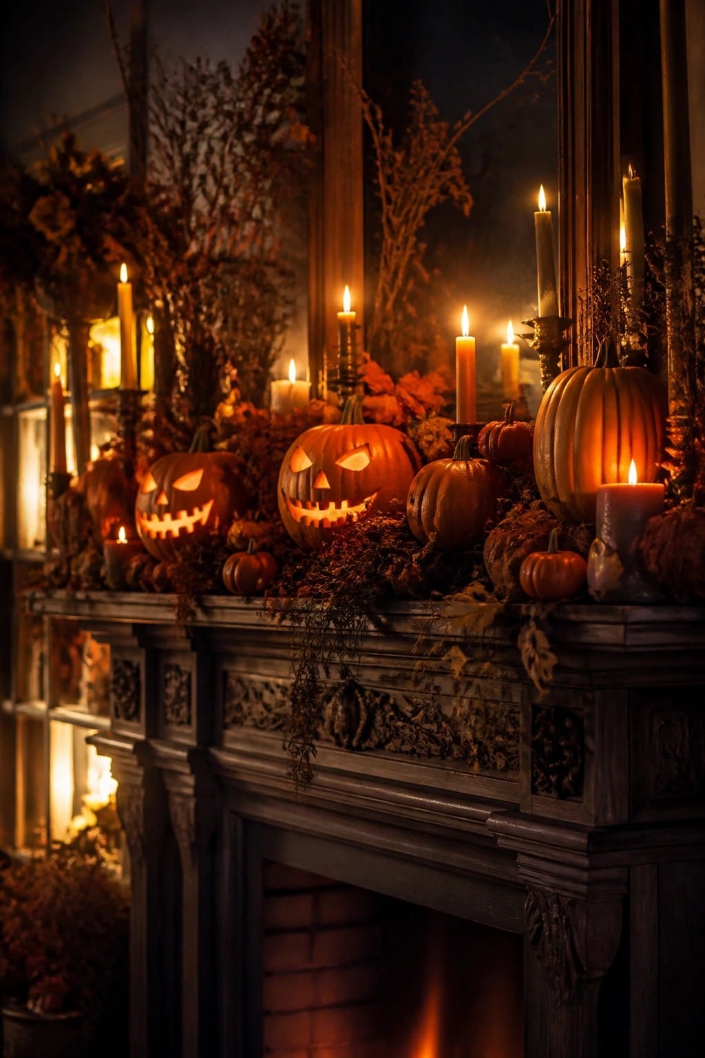 A dark wooden fireplace mantel lined with carved jack-o'-lanterns, lit candles, and small pumpkins among dried foliage.