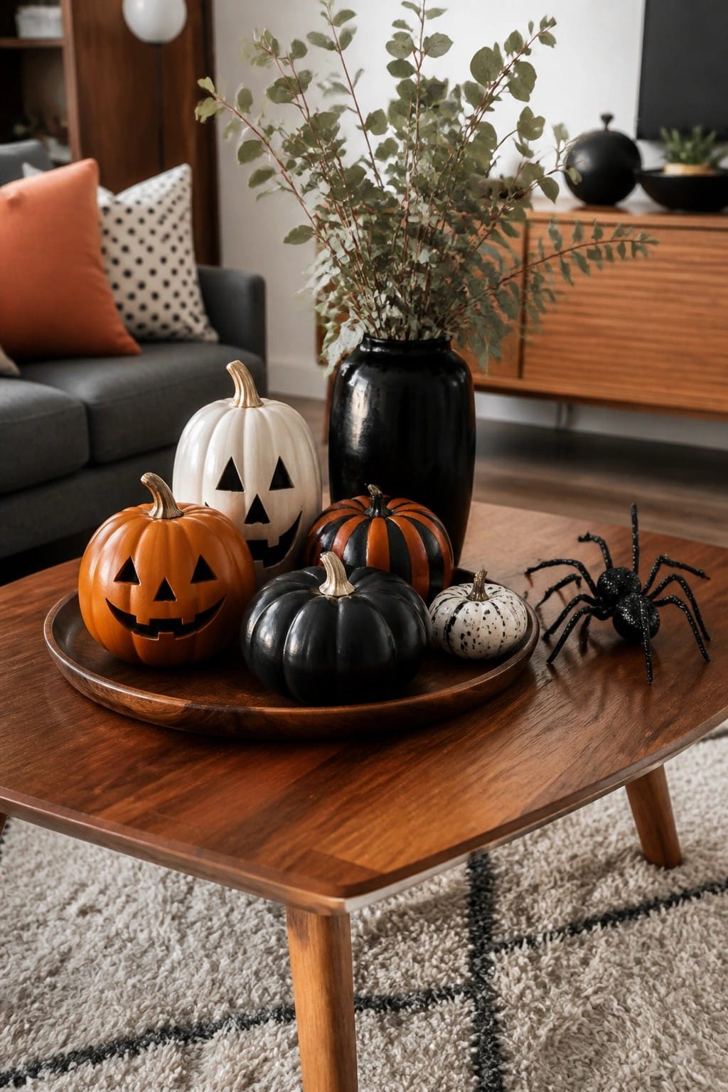 Wooden tray on a coffee table displaying multiple jack o lantern pumpkins in orange, white, black, and striped finishes with a black spider nearby.