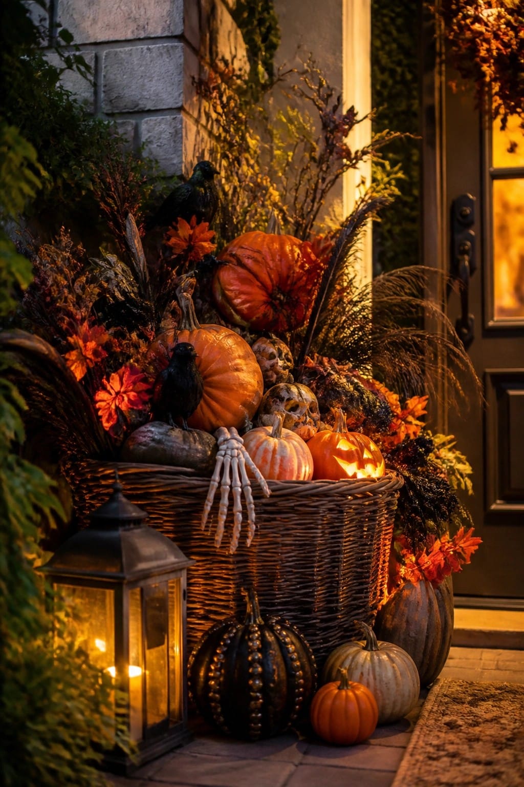 Front porch scene showing a large wicker basket filled with assorted pumpkins, including one lit jack-o'-lantern, plus skulls, crows, and autumn foliage beside a dark door.