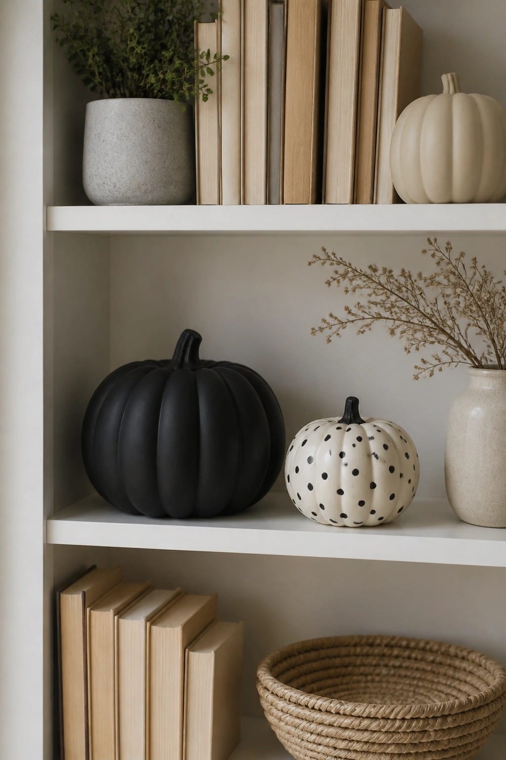White built-in shelves holding a large matte black pumpkin, a small white pumpkin with black polka dots, and several neutral pumpkins arranged with books and a ceramic vase.