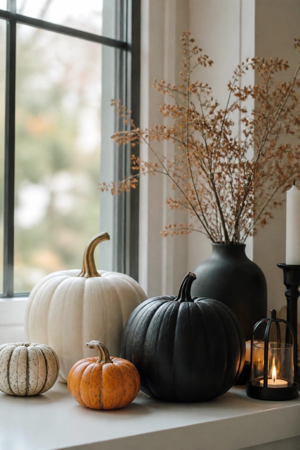 A windowsill display with pumpkins in white, black, orange, and speckled finishes arranged beside a black vase with dried branches and a lit candle lantern.