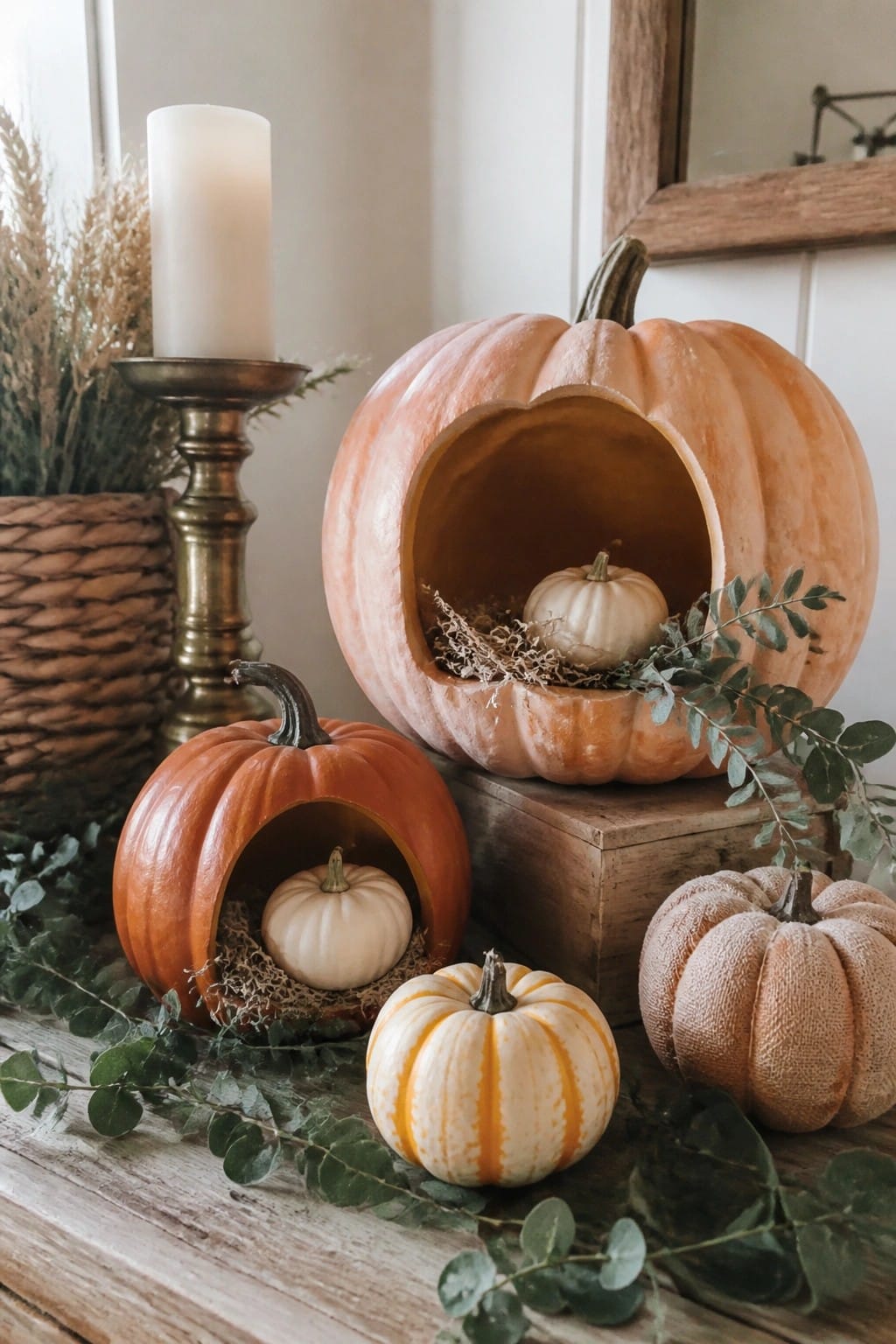 Hollowed orange pumpkins holding smaller white pumpkins on a wooden surface with greenery and a candle nearby.