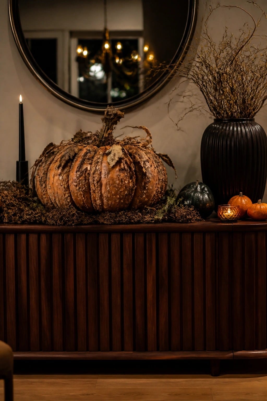 A console table displays a large textured pumpkin surrounded by smaller pumpkins, a black vase with dried branches, and candles.