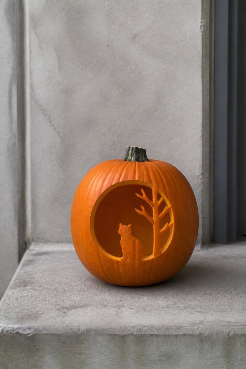 Carved orange pumpkin with cat and tree silhouette on concrete ledge against gray wall.