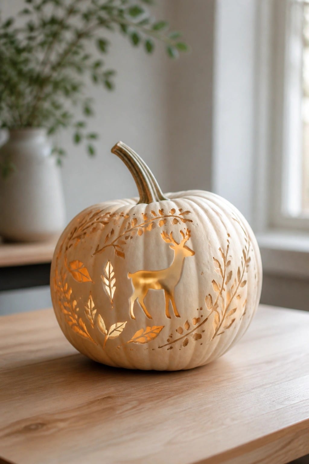 White pumpkin carved with a central deer silhouette and surrounding leaf and vine patterns, glowing from inside on a wooden surface.