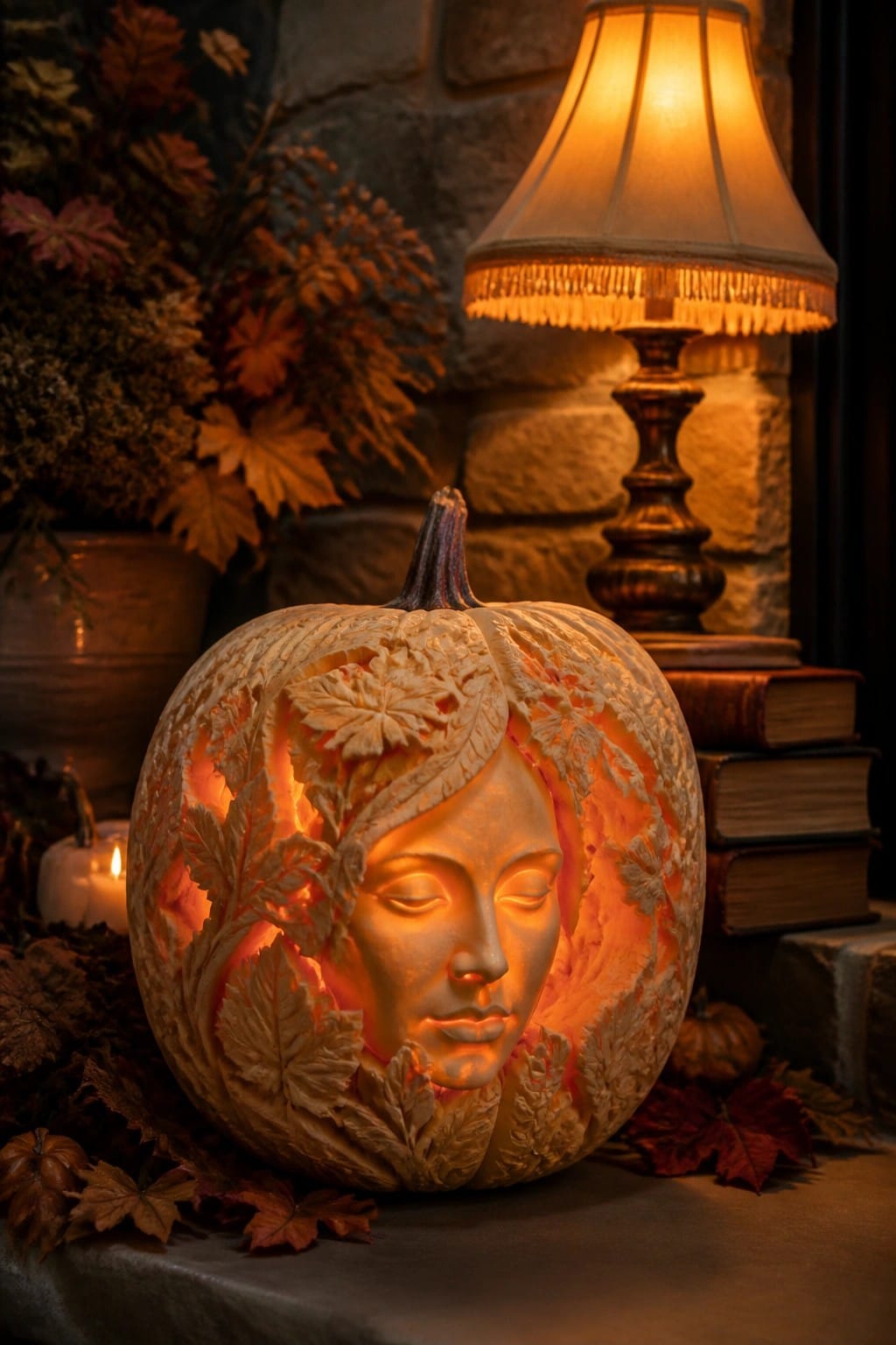 Carved glowing pumpkin with woman's face amid autumn leaves, books, and lamp