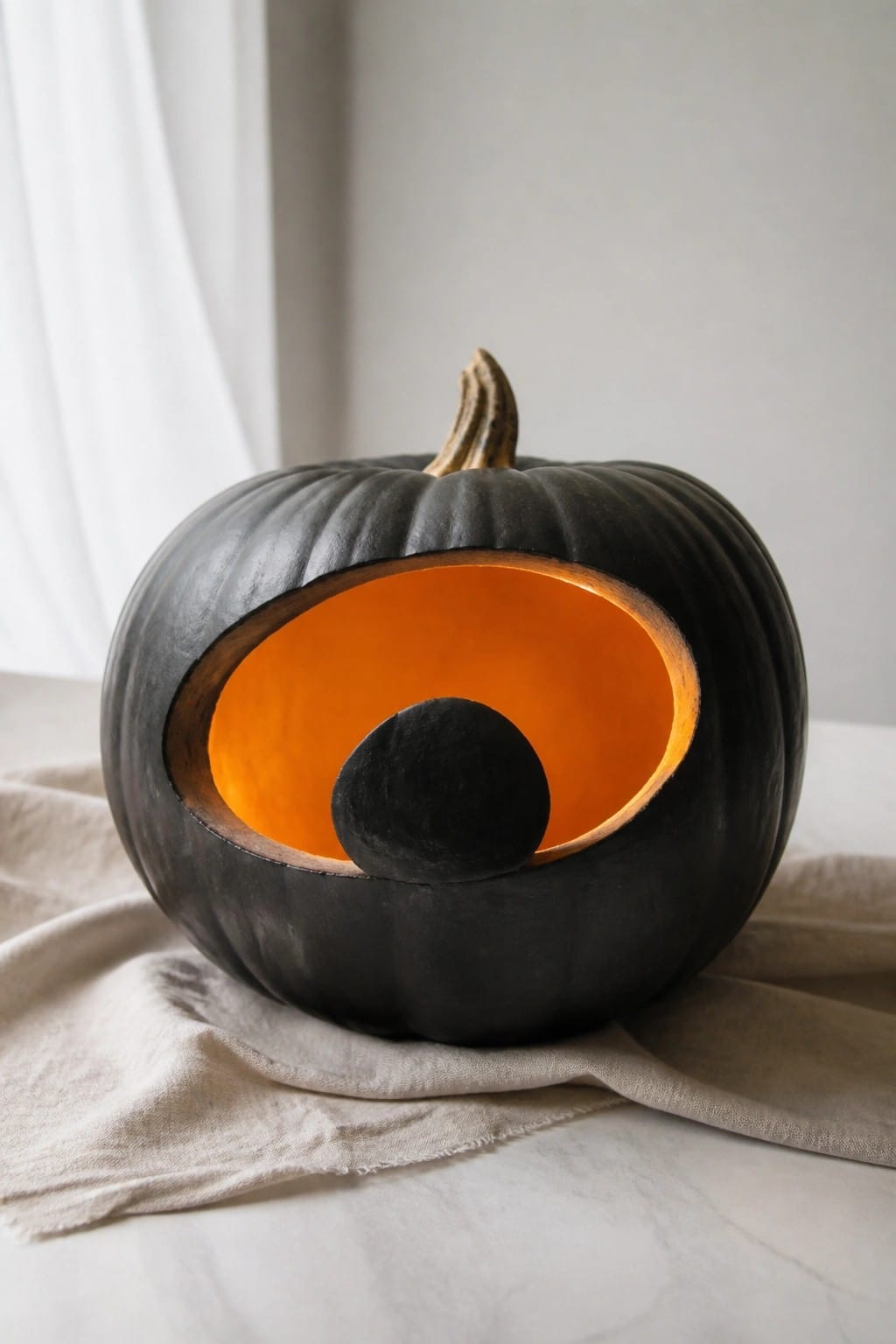 A black pumpkin carved with a large glowing orange eye and a small black circular pupil resting on light fabric.