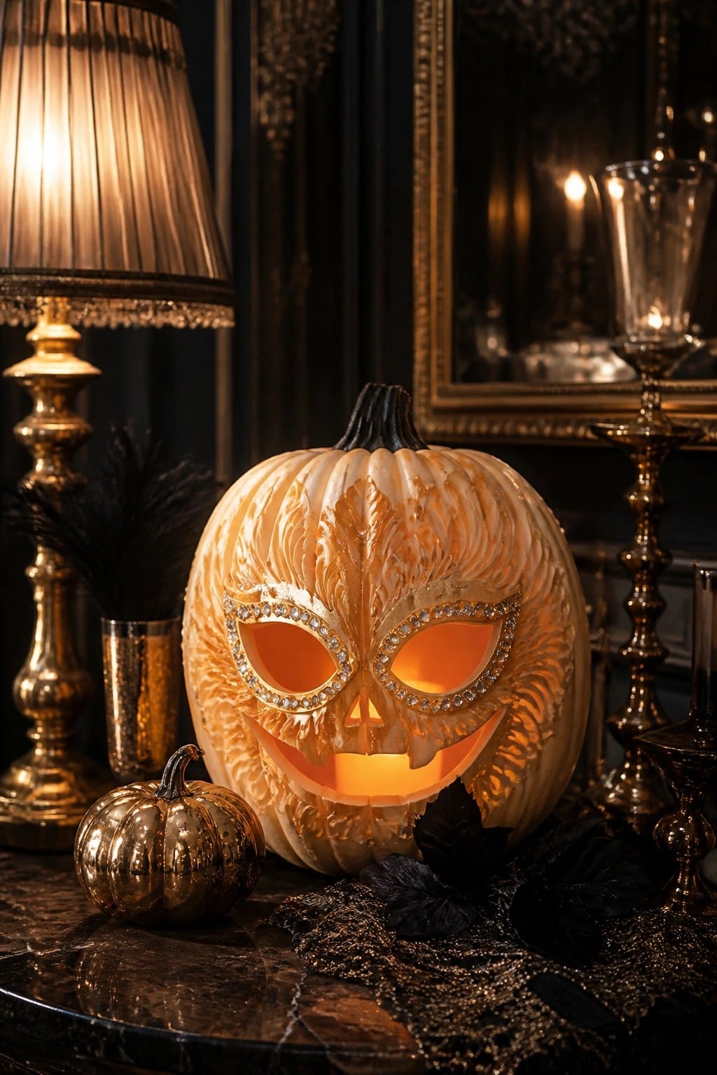 Ornate glowing pumpkin with jeweled mask on marble table amid gold decor