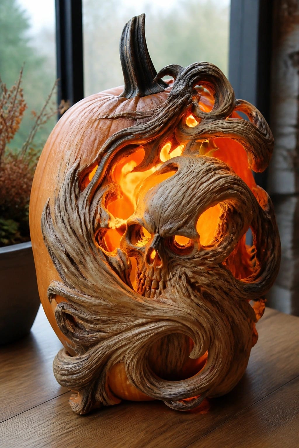 A large pumpkin carved with a skull face and swirling patterns glowing orange from within on a wooden table.