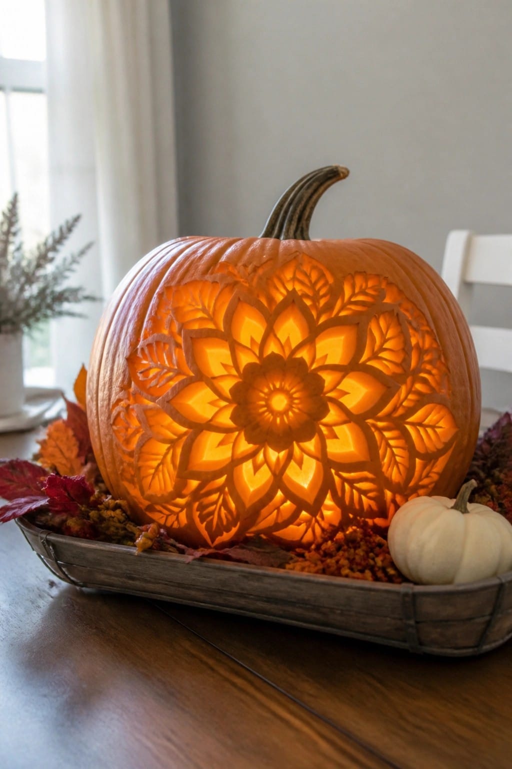 Lit pumpkin with an elaborate floral mandala carving displayed in a wooden tray on a table.