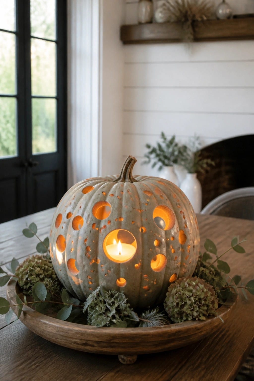 A large carved pumpkin with many circular holes of varying sizes sits lit by a candle inside a wooden bowl on a table.