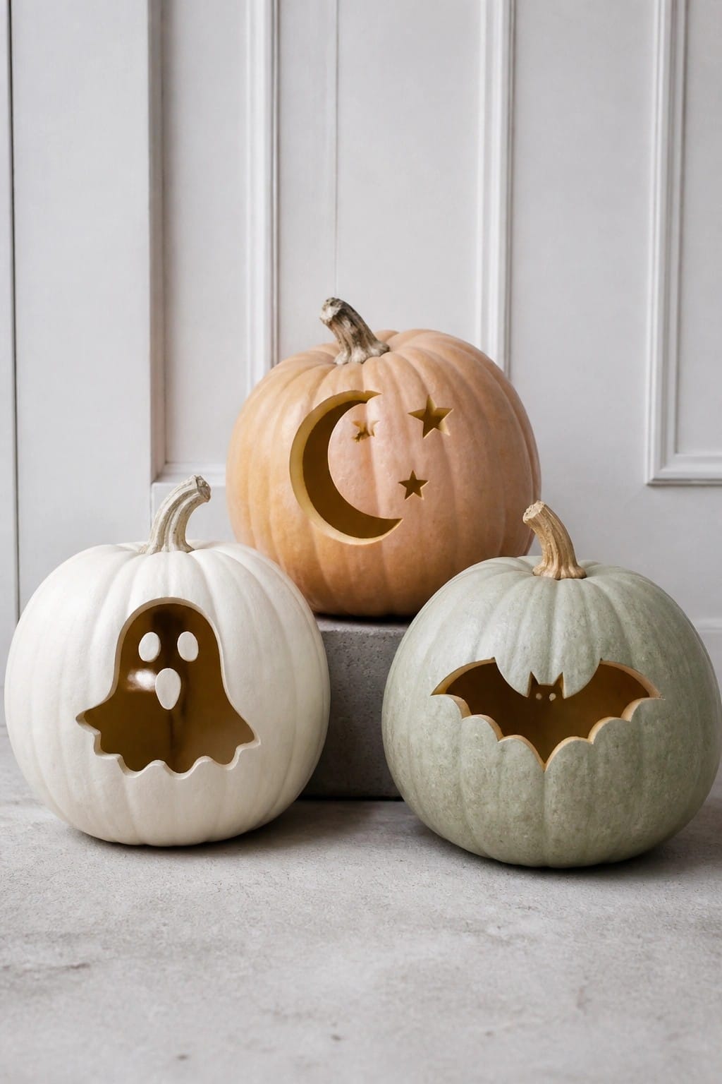 Three pumpkins carved with a ghost face, a bat silhouette, and a crescent moon with stars, placed together on a concrete step.