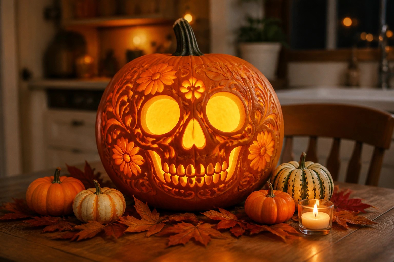 Glowing carved pumpkin with floral swirls on wooden slice amid autumn decor and candles