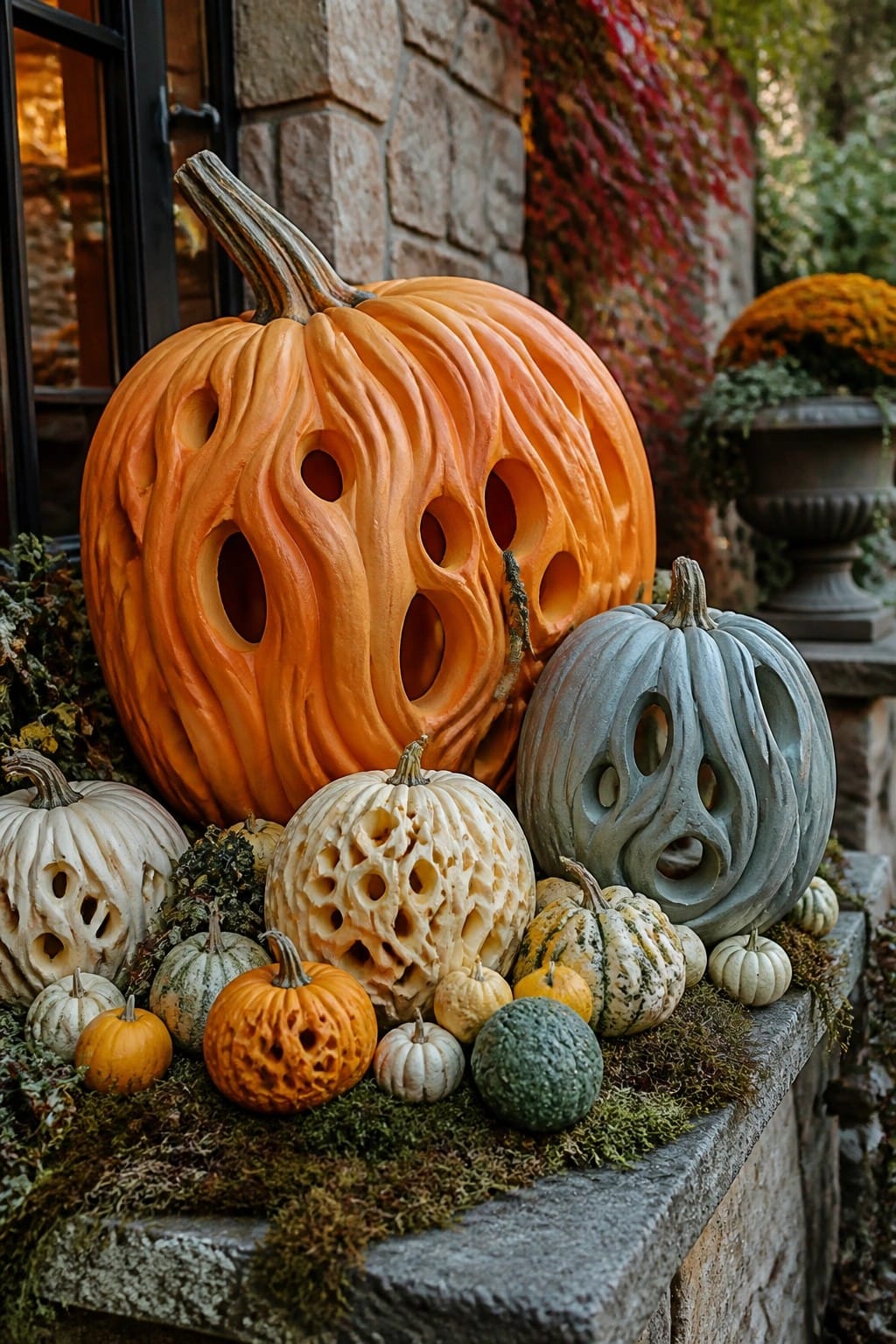 A collection of intricately carved pumpkins with abstract hole patterns arranged on a mossy stone ledge outside a house.