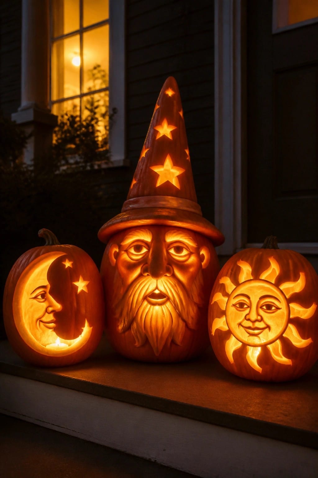 Three glowing jack-o'-lanterns on porch: wizard with starry hat, moon, and sun faces.
