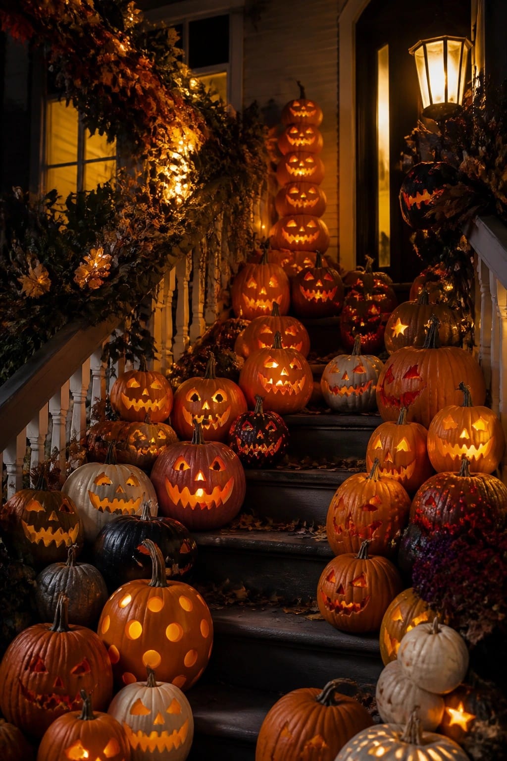 Staircase lined with many lit jack o' lanterns showing a variety of carved face designs.