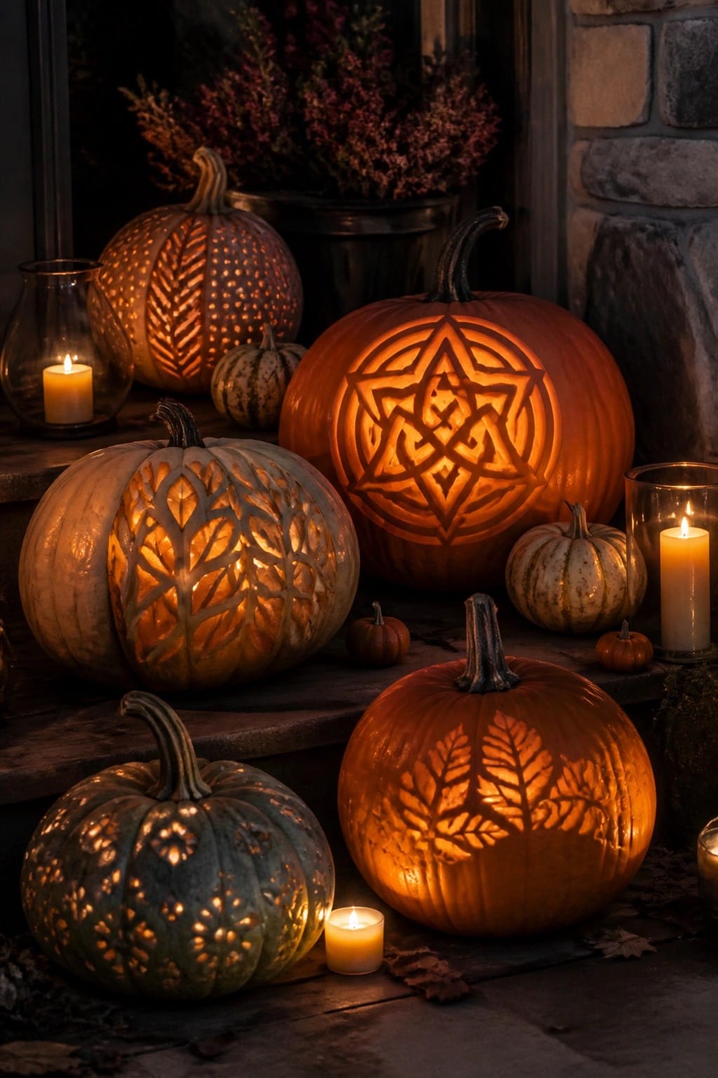 Front porch steps lined with multiple lit jack-o'-lanterns featuring leaf, geometric, and floral carvings, surrounded by small candles and a few smaller uncarved pumpkins.