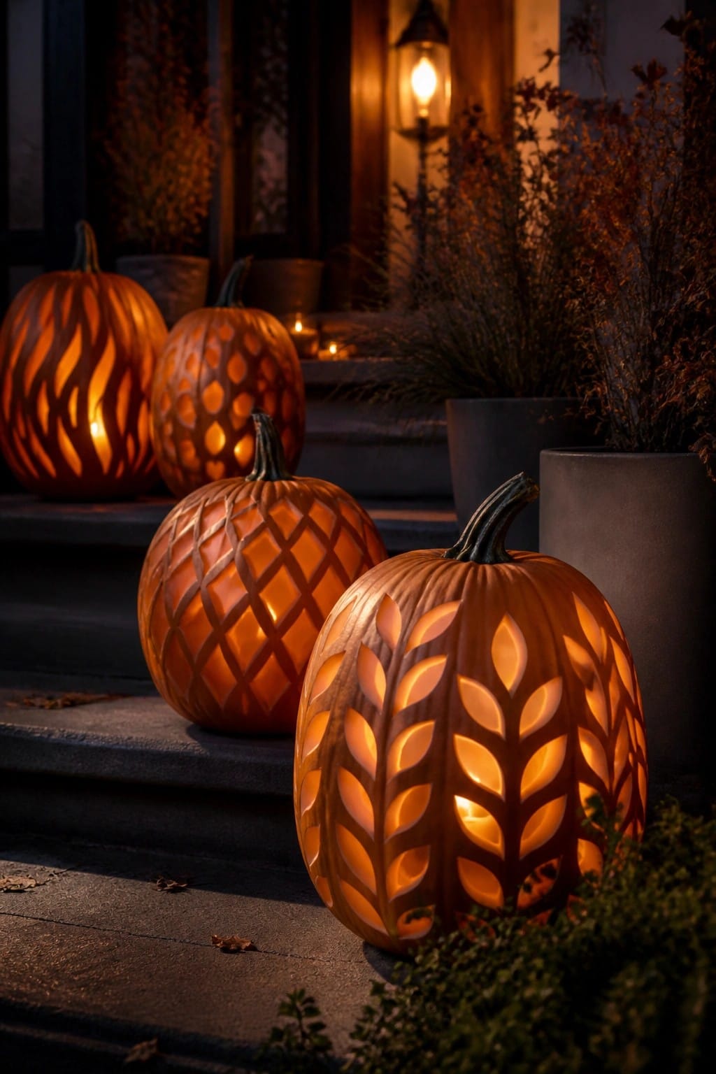 Several lit jack o'lanterns with different carved patterns sit on outdoor steps at night.
