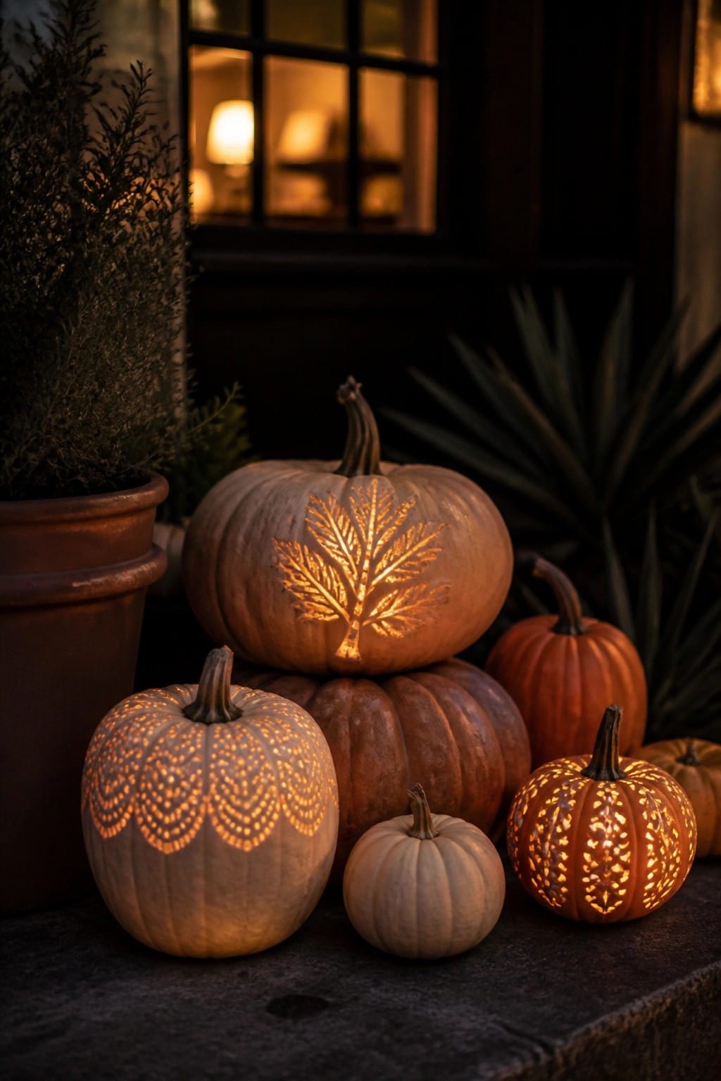 Several carved pumpkins with glowing leaf, dotted, and geometric designs arranged on dark outdoor steps beside potted plants.
