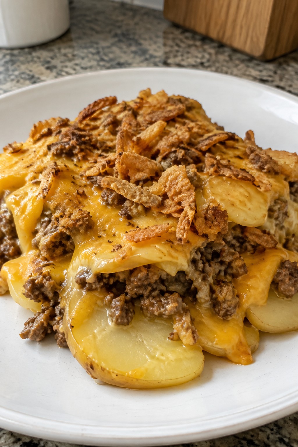 Cheesy Beef and Potato Casserole with Crispy Onions