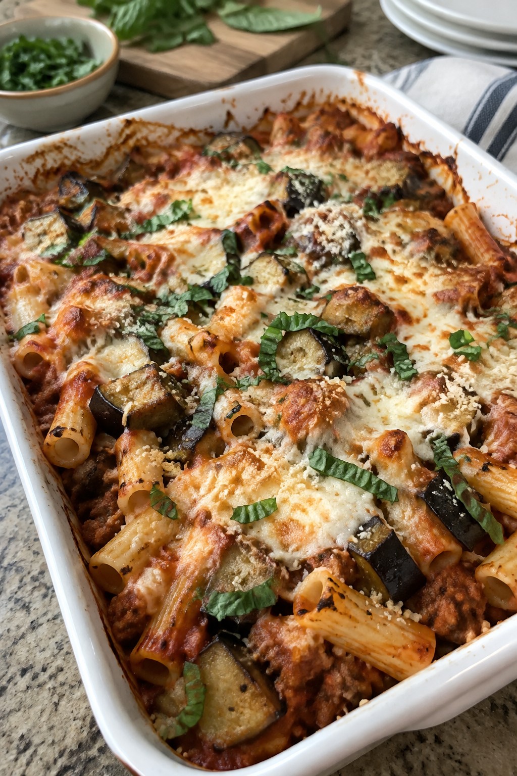 Baked Ziti with Italian Sausage and Roasted Eggplant