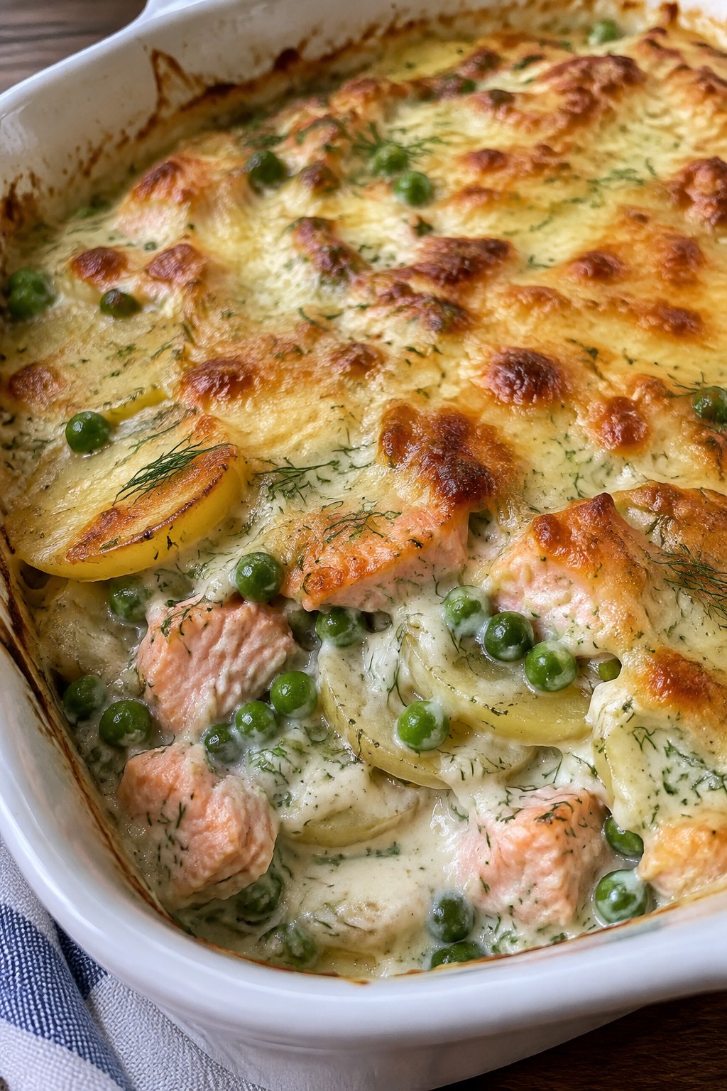 Creamy Salmon, Pea, and Potato Gratin