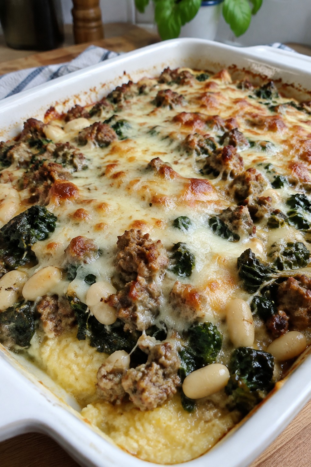 Sausage, Kale, and White Bean Polenta Bake