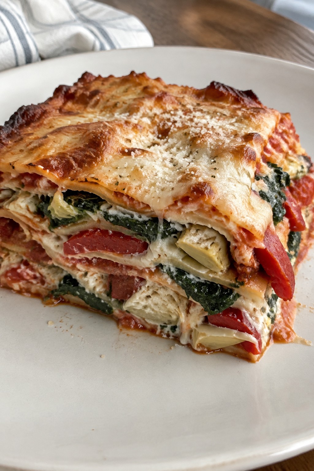 Spinach, Artichoke, and Roasted Red Pepper Lasagna